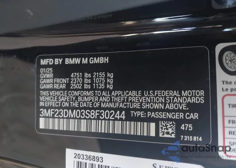 2025 BMW M2 z USA, uszkodzony, nr VIN 3MF23DM03S8F30244